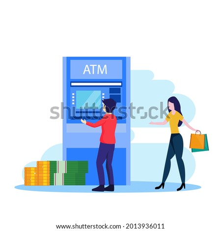 Vector illustration of modern business concept style. The character of the person makes money withdrawals at ATMs, Cash withdrawal from ATMs. Flat vector template Style Suitable for Web Landing Page.