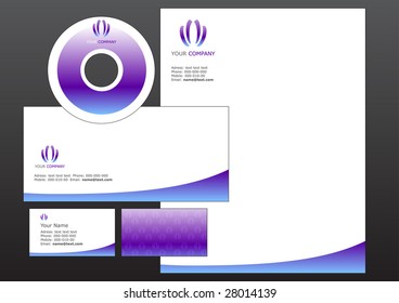 Vector illustration of modern, business design elements. Includes the design for business card, letterhead, CD label and envelope.
