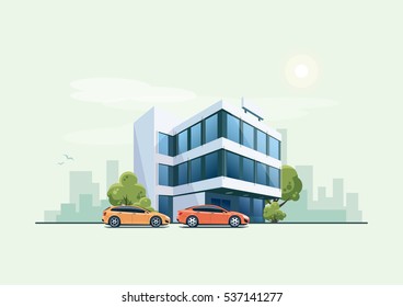 Vector illustration of modern business office building with green trees and cars parked in front of the workplace in cartoon style. City skyscrapers skyline on green turquoise background.