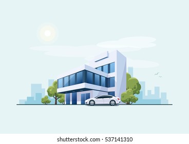 Vector Illustration Of Modern Business Office Building With Green Trees And White Car Parking In Front Of The Workplace In Cartoon Style.  City Skyscrapers Skyline On Blue Background.