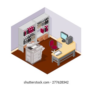 A Vector Illustration Of A Modern Busy Office Space Cubical.
Isometric Office Interior Illustration.
Vector Office With Shelves, PC, Desk And Photocopier.