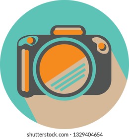 Vector illustration of a modern camera on a round blue background.
