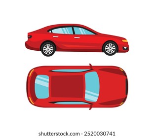 Vector illustration of modern car in cartoon flat style. Simple picture of land vehicle transportation. Familiy car up and side view. Modern technology automobile. Colorful exterior body car