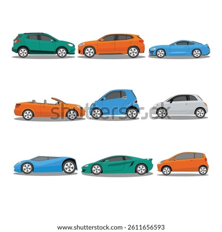 Vector illustration of modern car in cartoon flat style. Simple picture of land vehicle transportation. Familiy car side view. Modern technology automobile. Colorful exterior body car. SUV, compact 