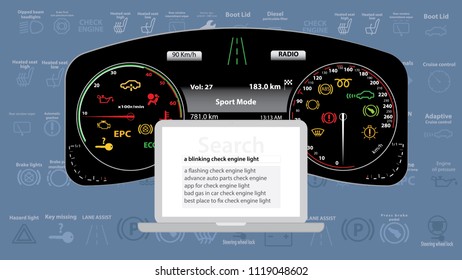 Vector illustration of modern car instrument cluster dashboard with check engine on icon - warning about a mechanical malfunction. Illustration of a notebook and web serch for answers.