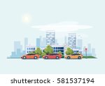 Vector illustration of modern cars parking along the town street in cartoon style. Vehicles parked on wrong place with no parking sign. City skyscrapers building office skyline on blue background.