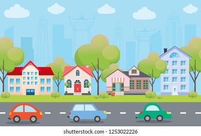 Vector illustration of modern cars parking along the town street in cartoon style. Vehicles parked wrong road with no parking sign. Night city skyscrapers building office skyline on blue background.