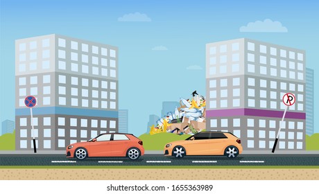 Vector illustration of modern cars parking along the town street. Vehicles parked on wrong place with no parking sign. Vector illustration.