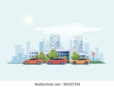 Vector illustration of modern cars parking along the town street in cartoon style. Vehicles parked on wrong place with no parking sign. City skyscrapers building office skyline on blue background.