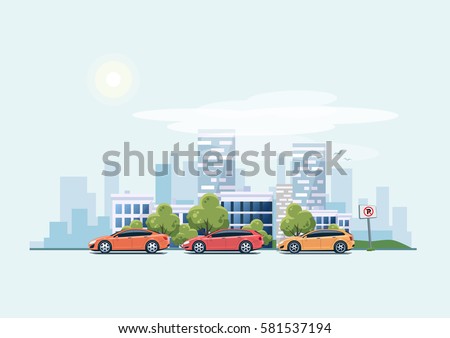 Vector illustration of modern cars parking along the town street in cartoon style. Vehicles parked on wrong place with no parking sign. City skyscrapers building office skyline on blue background.