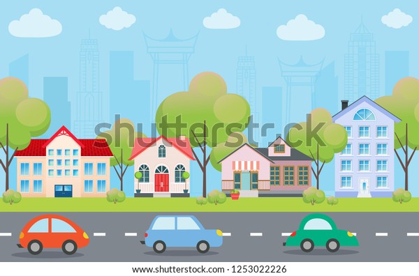 Vector illustration of modern cars parking\
along the town street in cartoon style. Vehicles parked wrong road\
with no parking sign. Night city skyscrapers building office\
skyline on blue\
background.