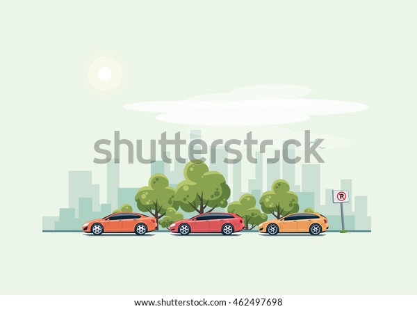 街並みに駐車する現代車と緑の木が漫画風に描かれたベクター イラスト ハッチバック ステーションワゴン セダンが間違った場所に駐車しました 緑の青緑の背景に都市の天窓 のベクター画像素材 ロイヤリティフリー