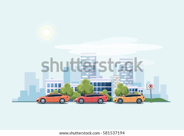 Vector illustration of modern cars parking\
along the town street in cartoon style. Vehicles parked on wrong\
place with no parking sign. City skyscrapers building office\
skyline on blue\
background.