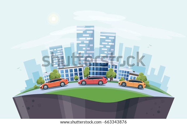 Vector illustration of modern cars parking\
along the town street in cartoon style arranged in arc. City\
skyscrapers building office skyline on blue background. Earth globe\
section underneath.