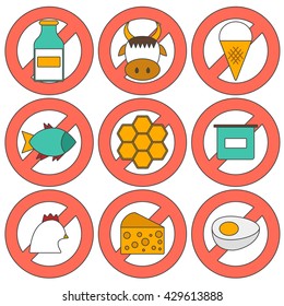 Vector illustration with modern cartoon flat icons with products containing animal protein and prohibited for vegans: milk, cheese, egg, yogurt, fish, ice cream, red meat, honey, poultry meat