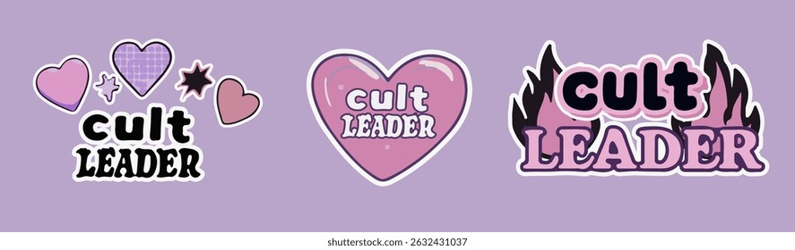 Vector illustration in modern cartoon sticker style: playful pastel purple tones, bold outlined text "cult leader" and trendy hearts. Reflects the current  popular Y2K aesthetic, emo style.