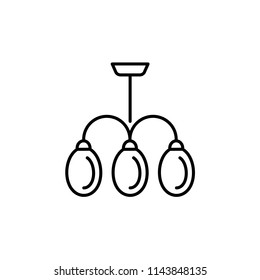 Vector illustration of modern ceiling lamp. Line icon of 3 lights chandelier. Home & office lighting. Isolated object on white background.