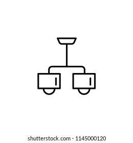 Vector illustration of modern ceiling lamp. Line icon of 2 lights chandelier with square shades. Home & office lighting. Isolated object on white background.