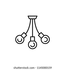 Vector illustration of modern ceiling lamp. Line icon of 3 bulb chandelier. Loft & office lighting. Isolated object on white background.