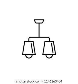 Vector illustration of modern ceiling lamp. Line icon of 2 lights shade; chandelier. Home & office lighting. Isolated object on white background.