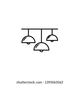 Vector illustration of modern ceiling lamp. Line icon of 2 lights chandelier with square shades. Home & office lighting. Isolated object on white background.
