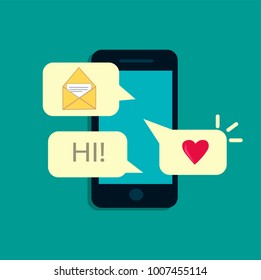 Vector illustration of modern cell phone with message bubbles, demonstrate greeting and feeling, isolated over blue background. Modern technology and delivery concept. Recieving notification
