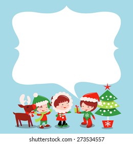 A vector illustration of a modern christmas theme bubble speech copy space along with cute kids in winter wear, reindeer and christmas tree.