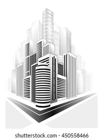 Vector illustration of modern city 3D . Black and white illustration of a modern city with trees in the foreground.Black white. 