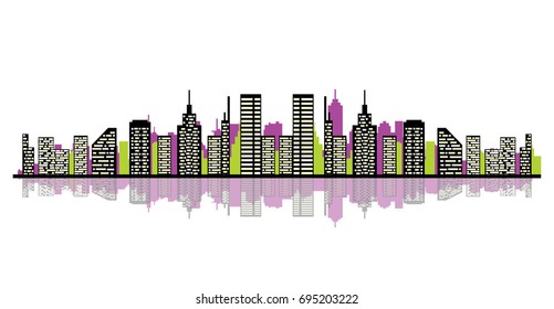 vector illustration of modern city. abstract cityscape in bright colors. skyline with reflection