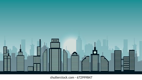 Vector illustration of modern city.  flat cityscape, buildins and sun