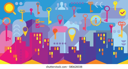 vector illustration of modern city with navigation points and interactive services in bright colors mosaic collage flat style 