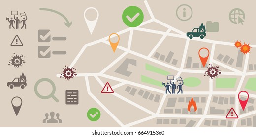 vector illustration of modern city with navigation points and interactive services for safety tracking 