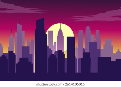 Vector Illustration of a Modern City Skyline at Twilight with High-Rise Buildings Silhouetted Against a Vibrant Sunset Sky