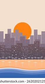 Vector illustration of a modern city skyline at sunset with an empty beach and umbrellas. Urban seaside landscape in flat minimalist style.