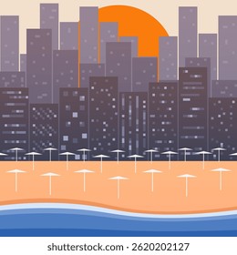 Vector illustration of a modern city skyline at sunset with an empty beach and umbrellas. Urban seaside landscape in flat minimalist style.