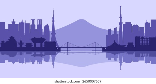 Vector illustration of a modern city skyline with traditional temples, bridge, Mount Fuji, and water reflection. Lilac color palette, Japan inspired urban landscape in silhouette style.