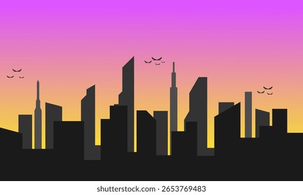 Vector illustration of a modern city skyline silhouette with birds flying in front of a vibrant gradient sky transitioning from orange to purple.