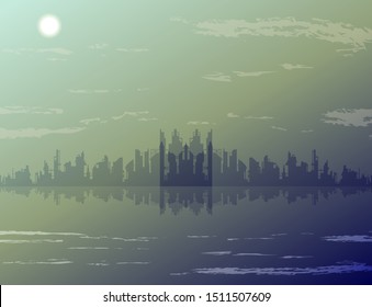 vector illustration of the modern cityscape by the ocean in overcast, cloudy sky and reflection on the water. futuristic industrial city
