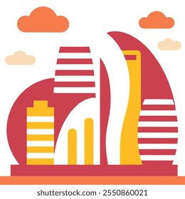 Ilustración vectorial de un paisaje urbano moderno con diversos rascacielos y Elementos urbanos. Perfecto para Diseños gráficos imprimibles y productos digitales.