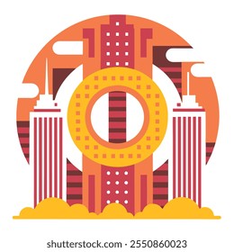 Vector illustration of a modern cityscape features diverse skyscrapers and urban elements. Perfect for printable graphic designs and digital products.