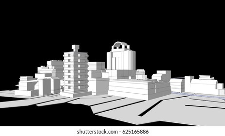 Vector illustration of a modern cityscape. Group of abstract futuristic buildings against black background