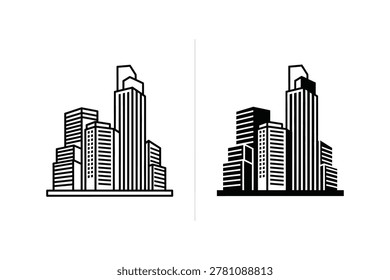 Vector illustration of a modern cityscape with multiple skyscrapers. Two styles are shown: line art and solid silhouette.