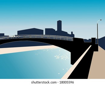 Vector illustration - modern cityscape with river and bridge