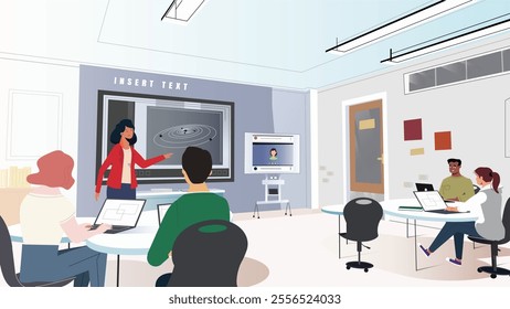 A vector illustration of a modern classroom showcasing digital learning, collaboration, and technology use. Features students with laptops, an instructor presenting, and virtual interaction tools.