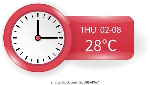 A vector illustration of a modern clock and weather widget user interface featuring a bright red design