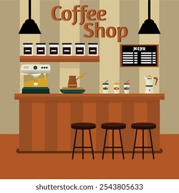 Vektorgrafik eines modernen Coffeeshops mit Holztheke und drei Hockern. Das Design umfasst eine Kaffeemaschine, Brühwerkzeuge, hängende Hängeleuchten und eine Menükarte