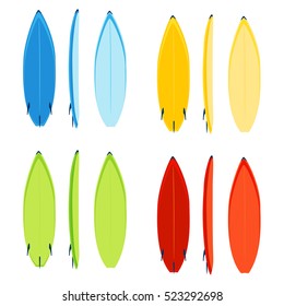 Vector illustration of modern colorful surfboard set, collection on white background. Blue, red, green and yellow surfboard. Sea extreme sport