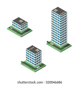 A Vector illustration of a modern commercial office.
Isometric Commercial Office Icon illustration.
Office buildings situated on road with cars and trees.