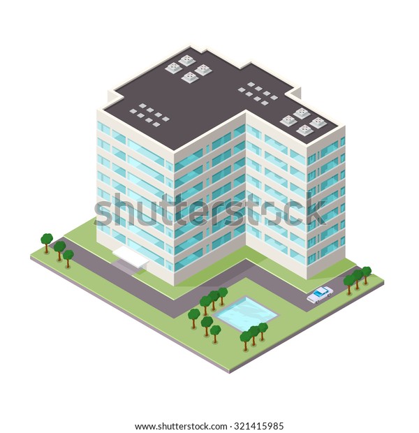A Vector illustration of a modern commercial office\
building.\
Isometric Commercial Office Icon illustration.\
Company\
office buildings situated on road with grass, trees, and\
pond.