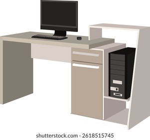 Vector illustration of a modern Computer desk with monitor,CPU, mouse and keyboard